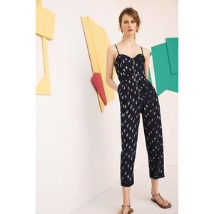 Anthropologie Elevenses Navy Blue Ikat Zip Front Jumpsuit 6
